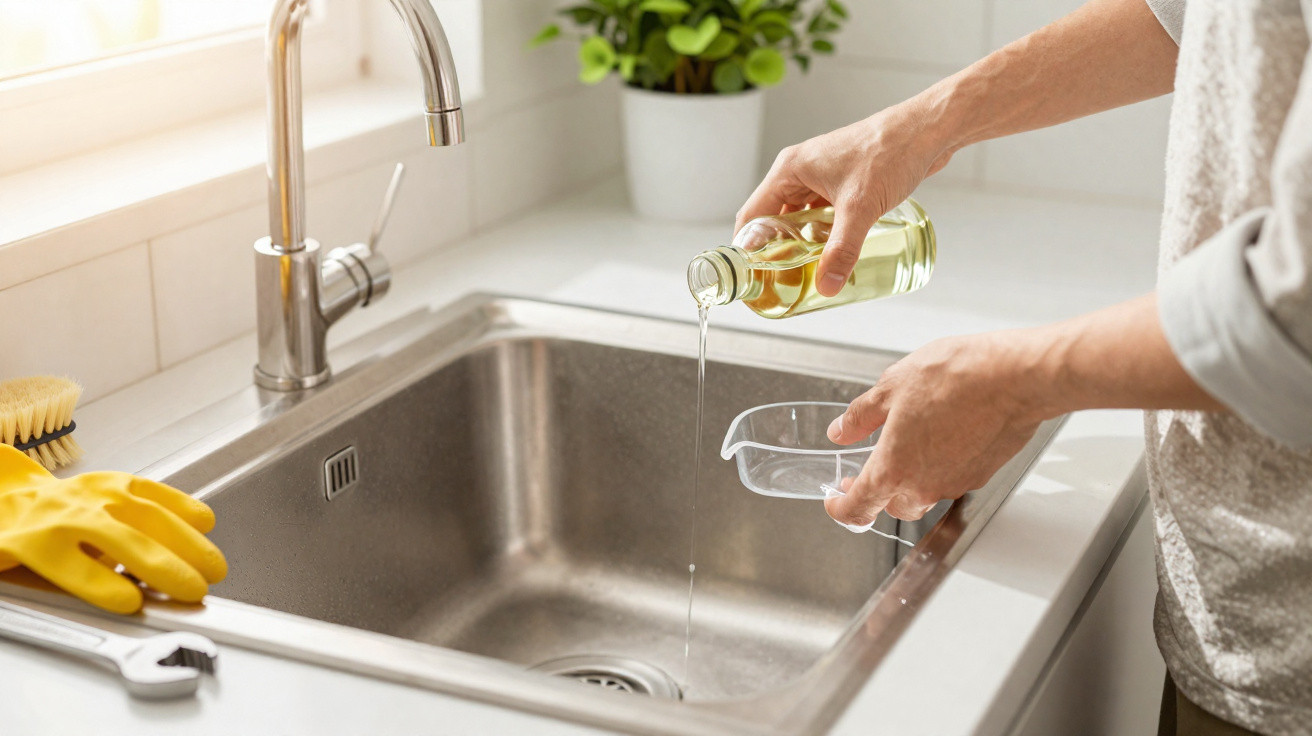 Person pouring cleaning liquid from a bottle into a measuring container over a kitchen sink.