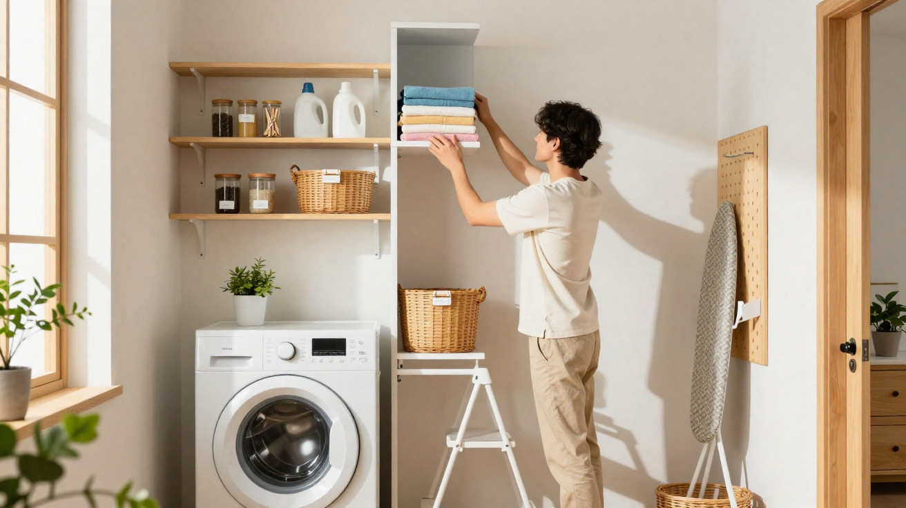 Person organising folded towels on shelf in a bright, organised laundry room with washing machine and ironing board.