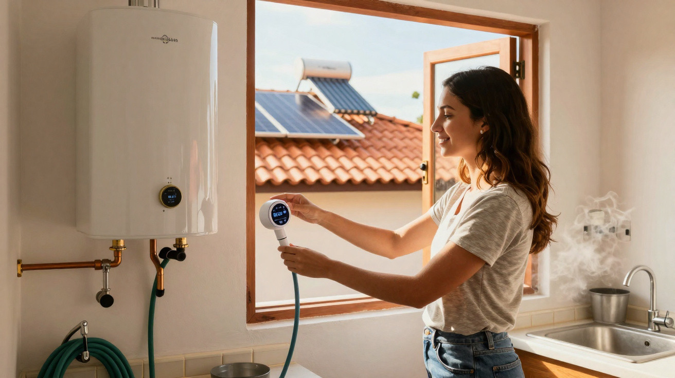 Woman adjusting a white water heater connected to a hose near an open window with solar panels outside.