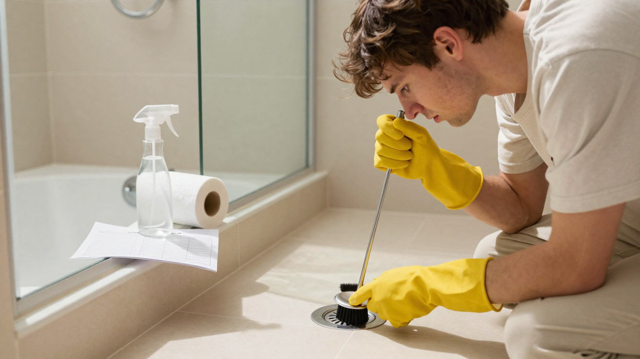 Man wearing yellow gloves cleaning a shower drain with a brush in a tiled bathroom.