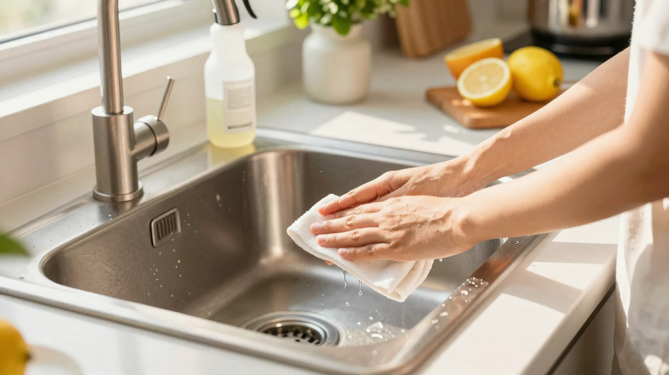 Person cleaning stainless steel kitchen sink with cloth in bright modern kitchen near window with lemons on counter