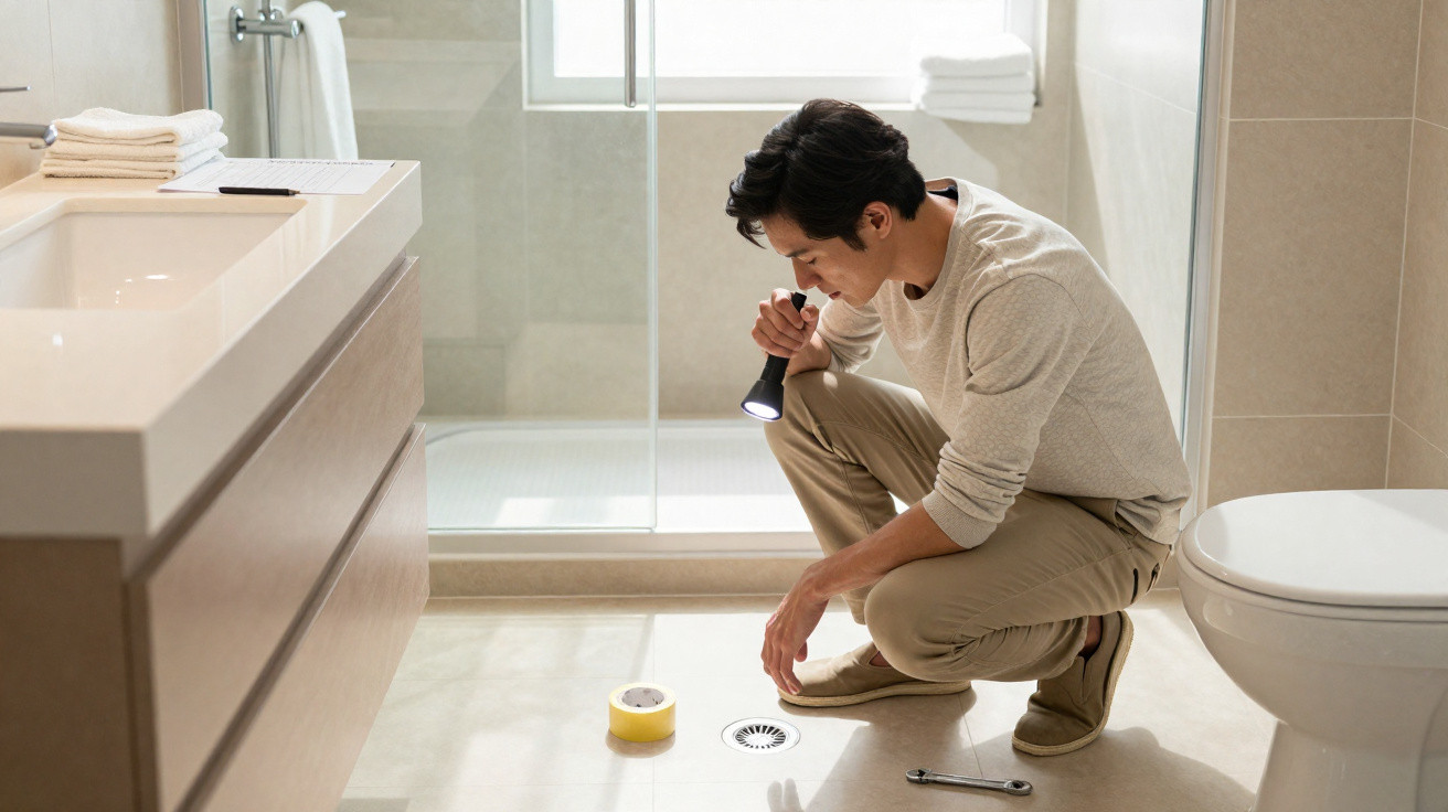 Man crouching in bathroom inspecting floor drain with flashlight and tools nearby