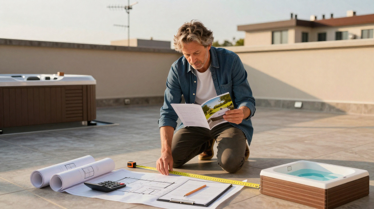 Man kneeling on rooftop terrace measuring floor plans with tape measure and reading brochure.