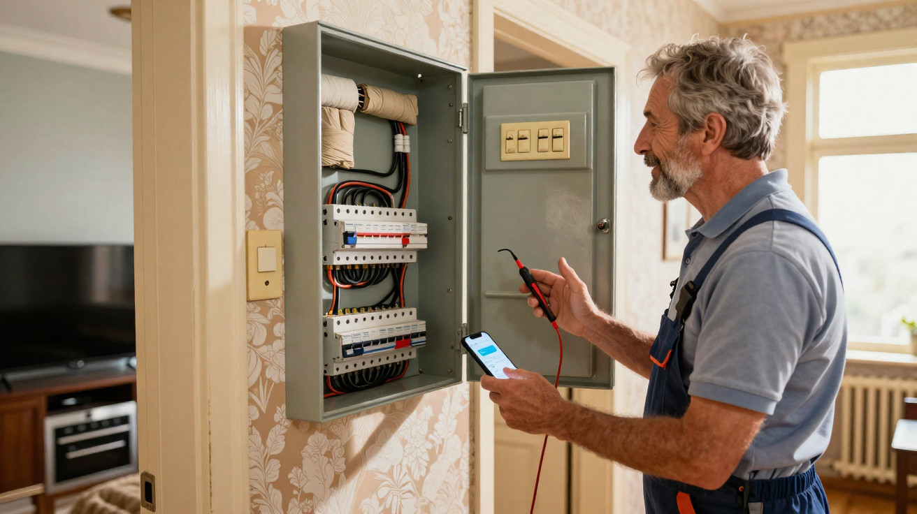Electrician testing circuit breaker inside an open fuse box in a home with a smartphone and multimeter probe.
