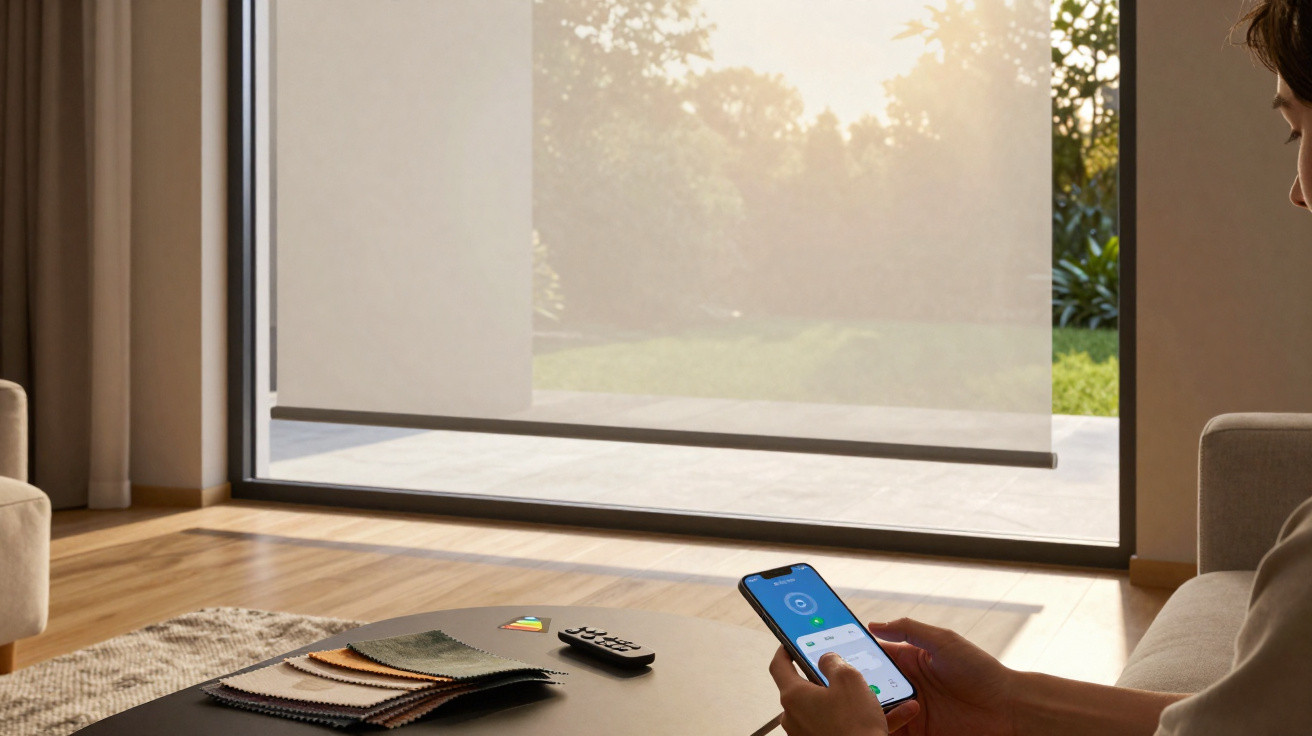 Person controlling a large window blind with a smartphone in a bright, modern living room.