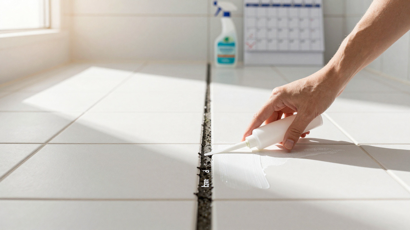 Hand applying white grout or sealant to cracked tile grout lines on a tiled floor with cleaning spray in background.