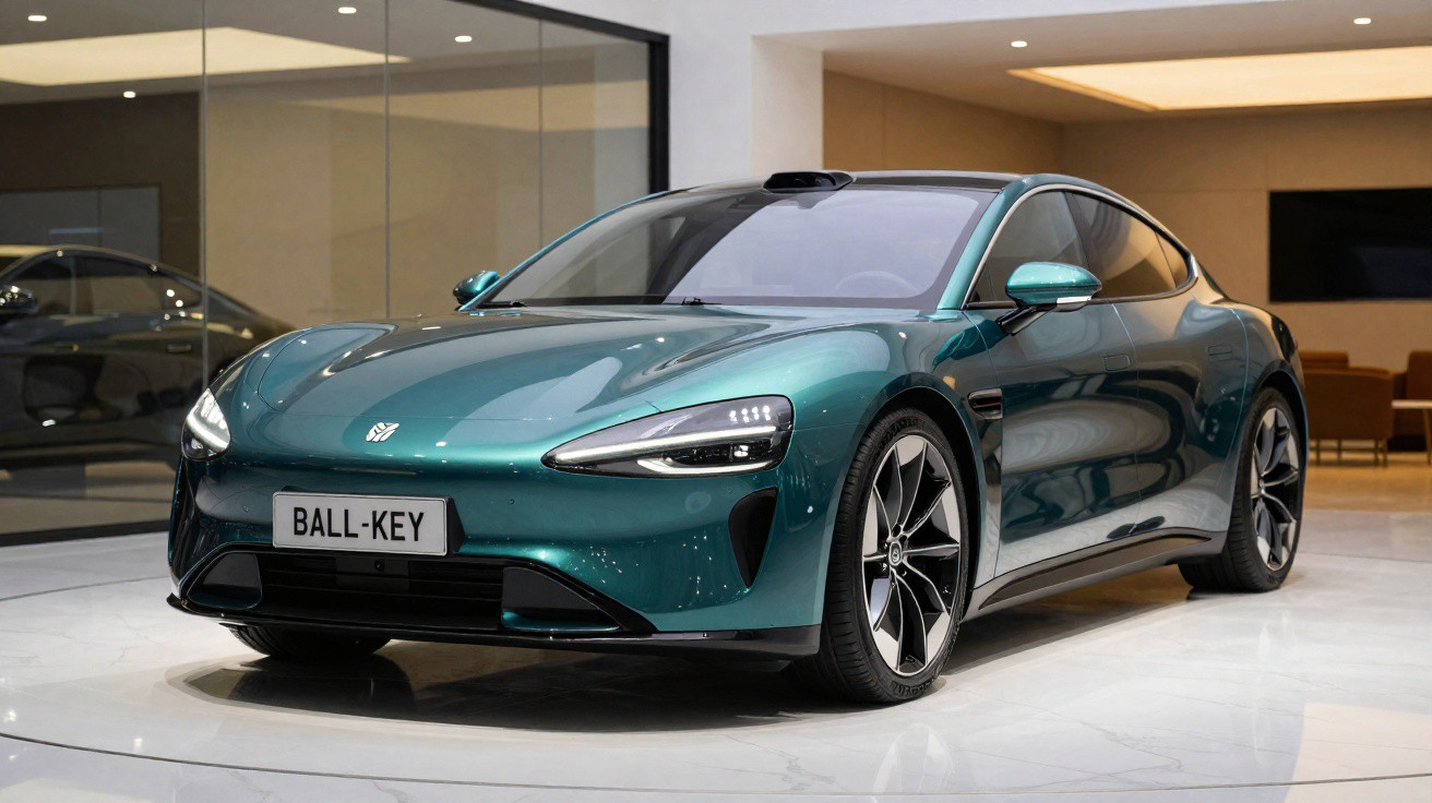 Green luxury electric sports car with sleek design parked indoors on a glossy floor under bright lighting.