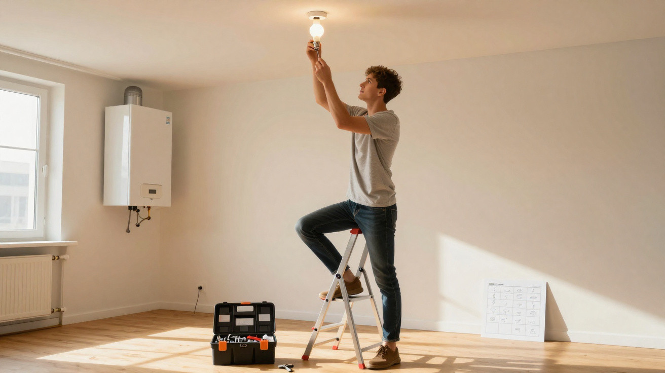 Young man standing on a ladder changing a light bulb in a bright, empty room with a toolbox on the floor.
