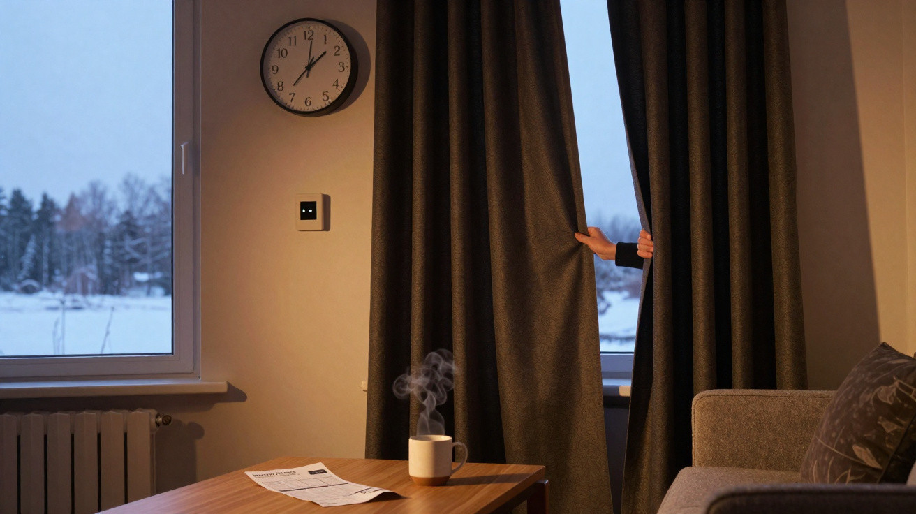Hand peeking out from behind dark curtains in a cozy room with a clock, steaming mug, and snow outside the window.