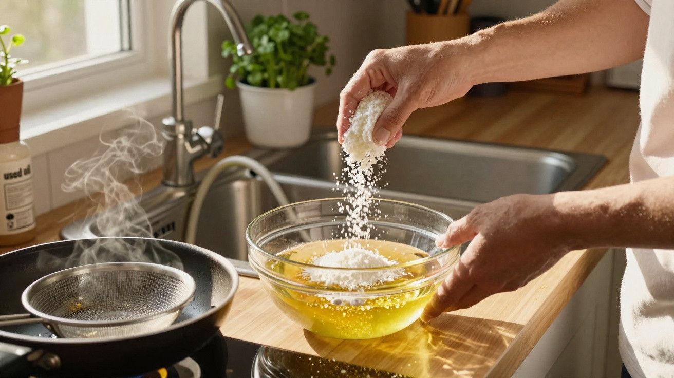 Person sprinkling flour into a bowl with beaten eggs on a wooden kitchen countertop near a steaming pan.