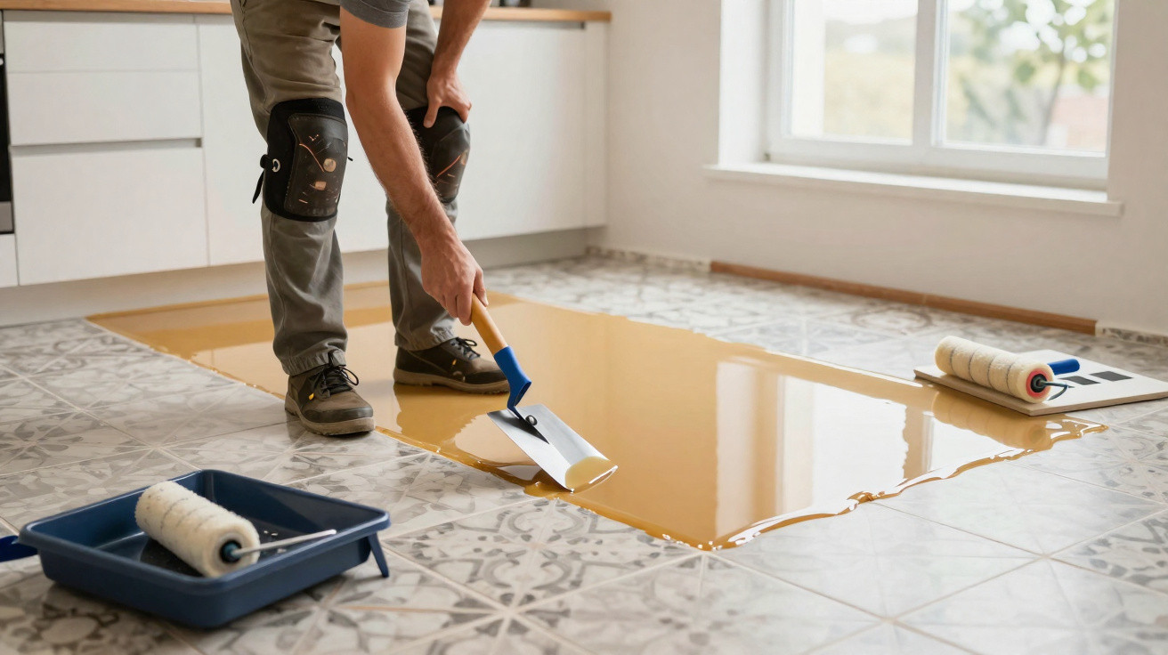 Person spreading liquid resin on patterned floor tiles with a squeegee during flooring installation.