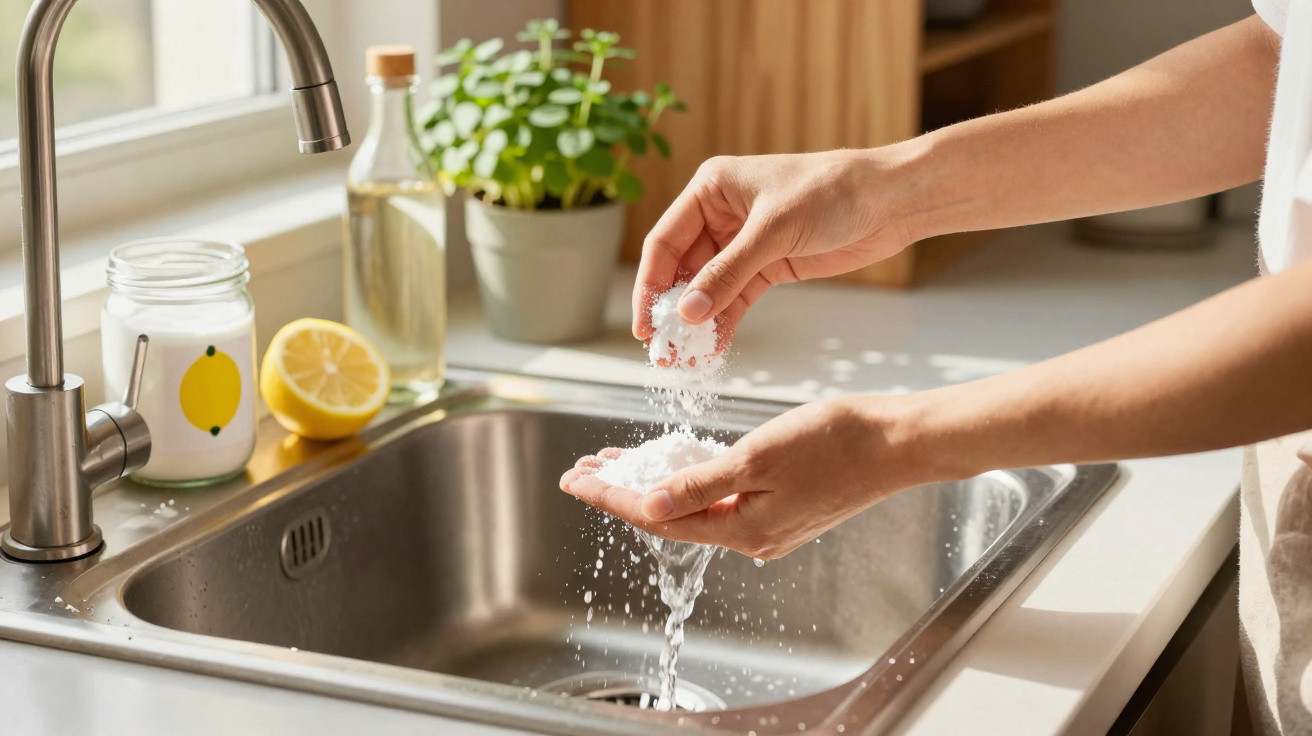 Person washing hands with water over a stainless steel kitchen sink near lemon and a potted plant.
