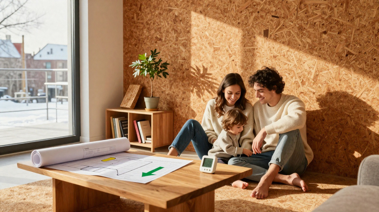 Family of three sitting on floor in sunny modern room with wooden table and plant by window overlooking snowy street