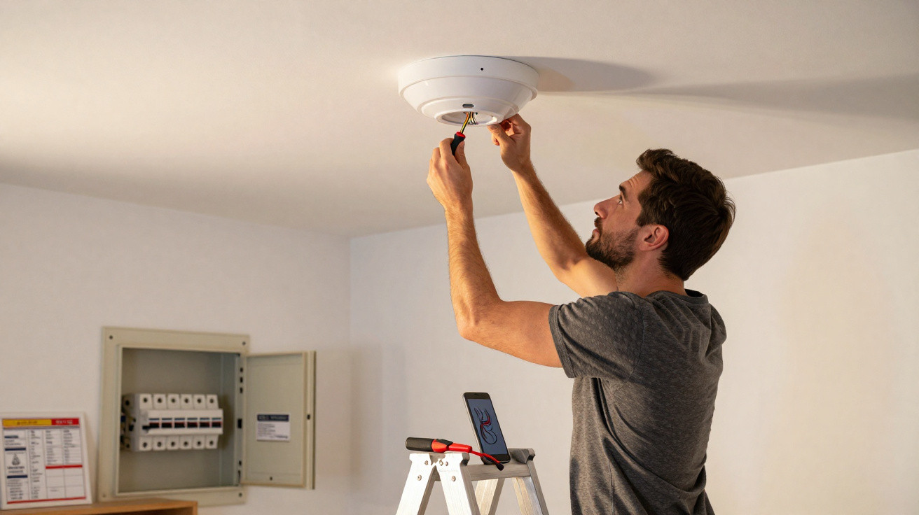 Man on stepladder installing or repairing a smoke detector on a white ceiling in a room.