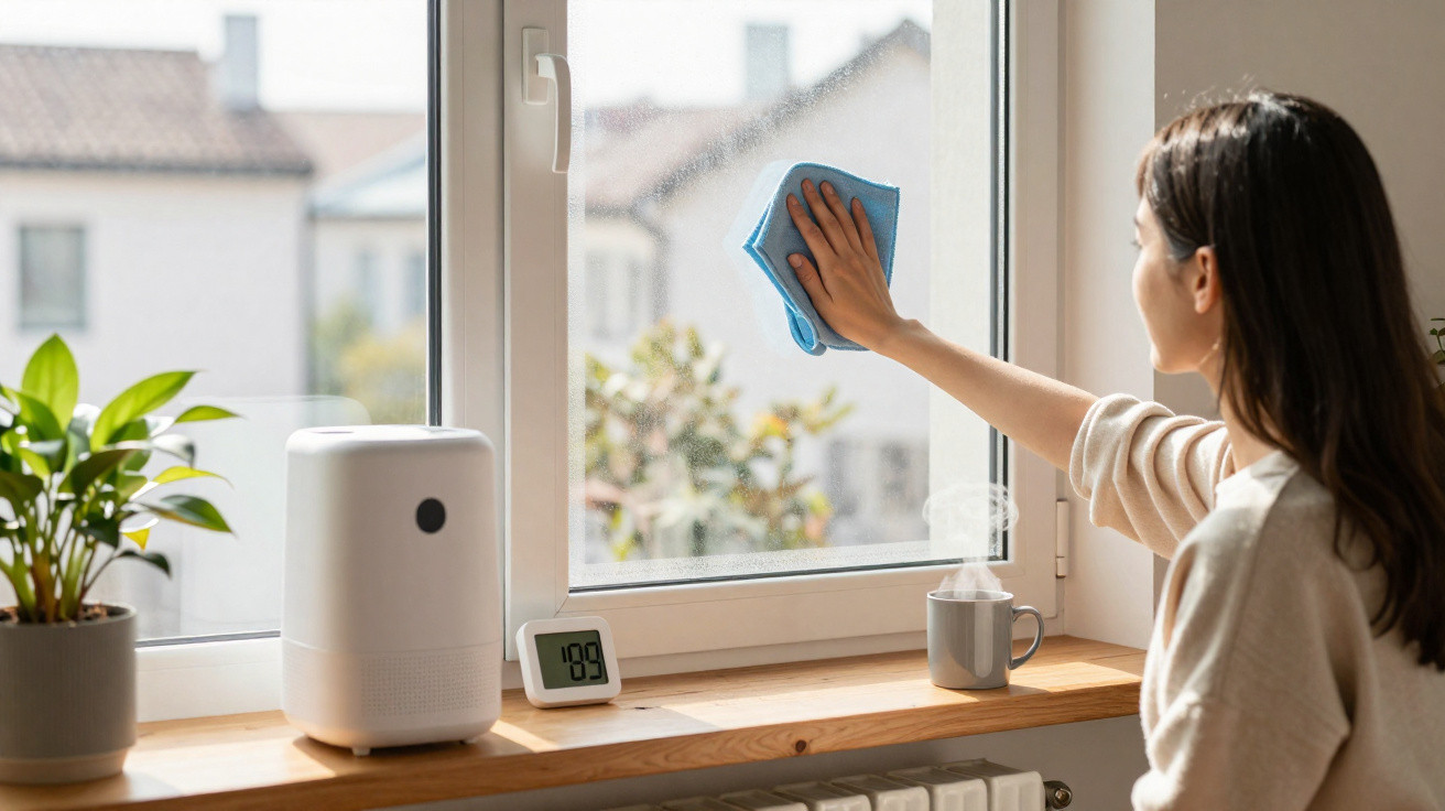 Woman cleaning a window with a blue cloth next to a plant, air purifier, and digital thermometer on a wooden sill.
