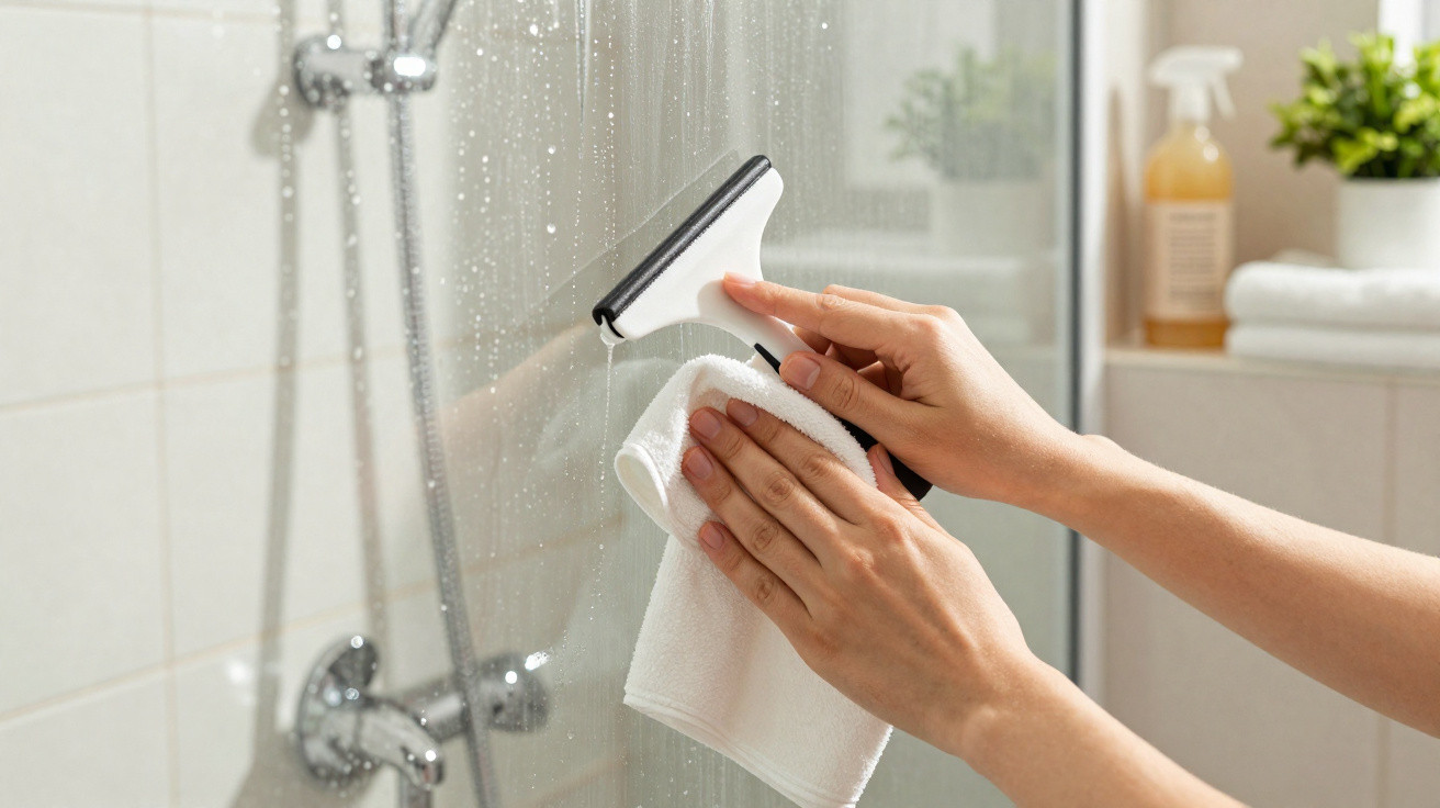 Hands using a squeegee and cloth to clean water droplets from a glass shower door in a bathroom.