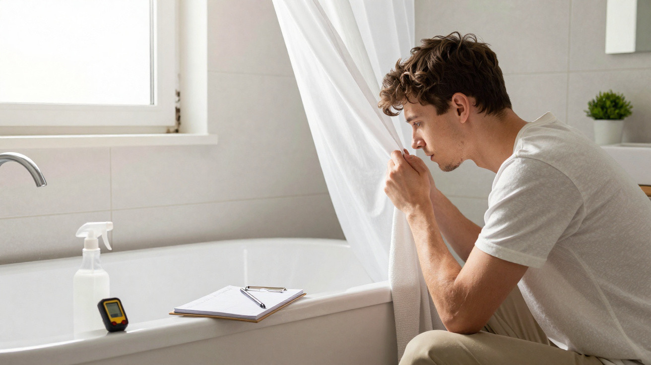 Young man peeking behind bathroom shower curtain with notebook and timer on bathtub edge.