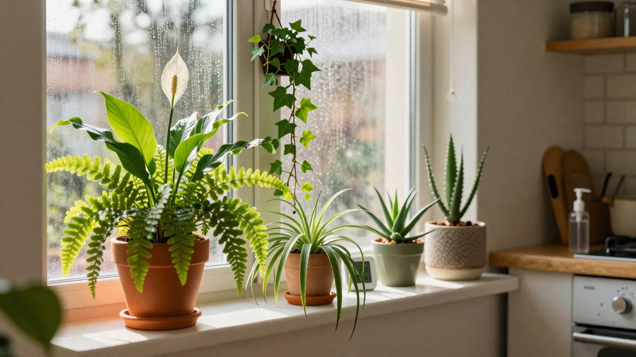 Various potted green houseplants on a windowsill with rain on the window in a bright kitchen corner.