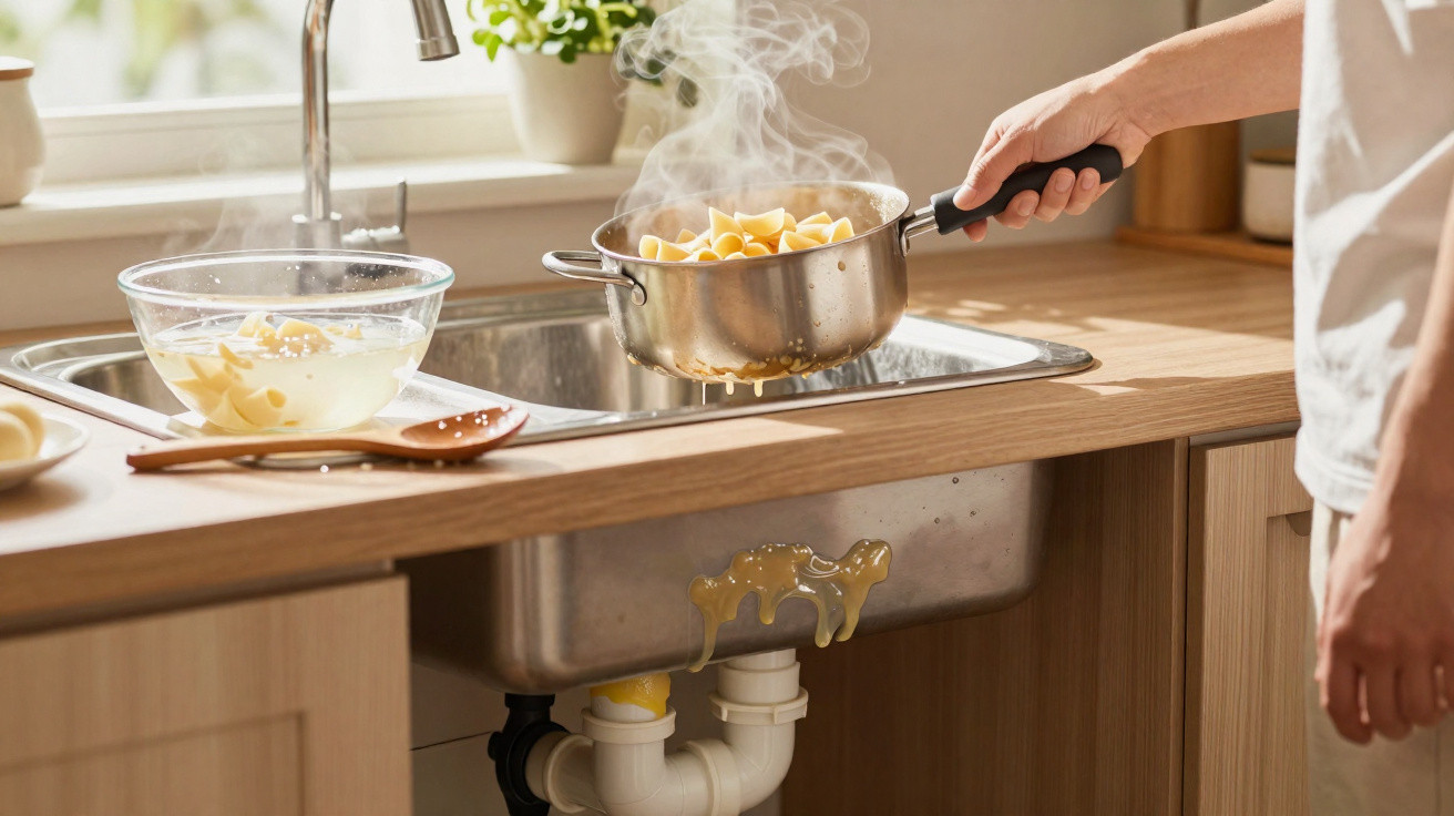 Person draining hot pasta into a sink with water overflowing from the drainpipe below.