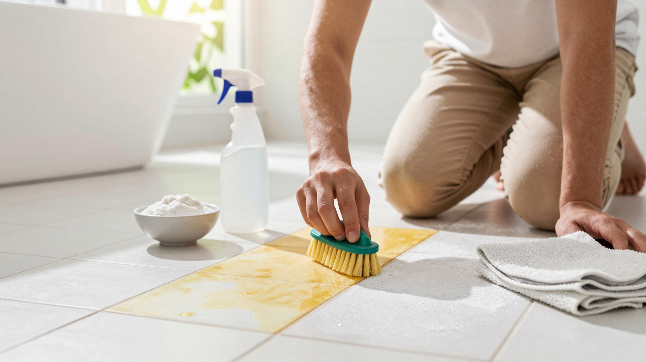 Person scrubbing a yellow stain on white tiled floor with brush, spray bottle, cloth, and cleaning powder nearby.