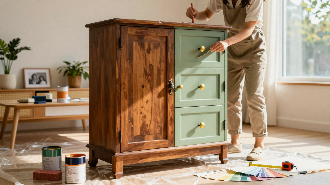 Person painting the drawers of a wooden cabinet green in a sunlit room with painting supplies nearby.
