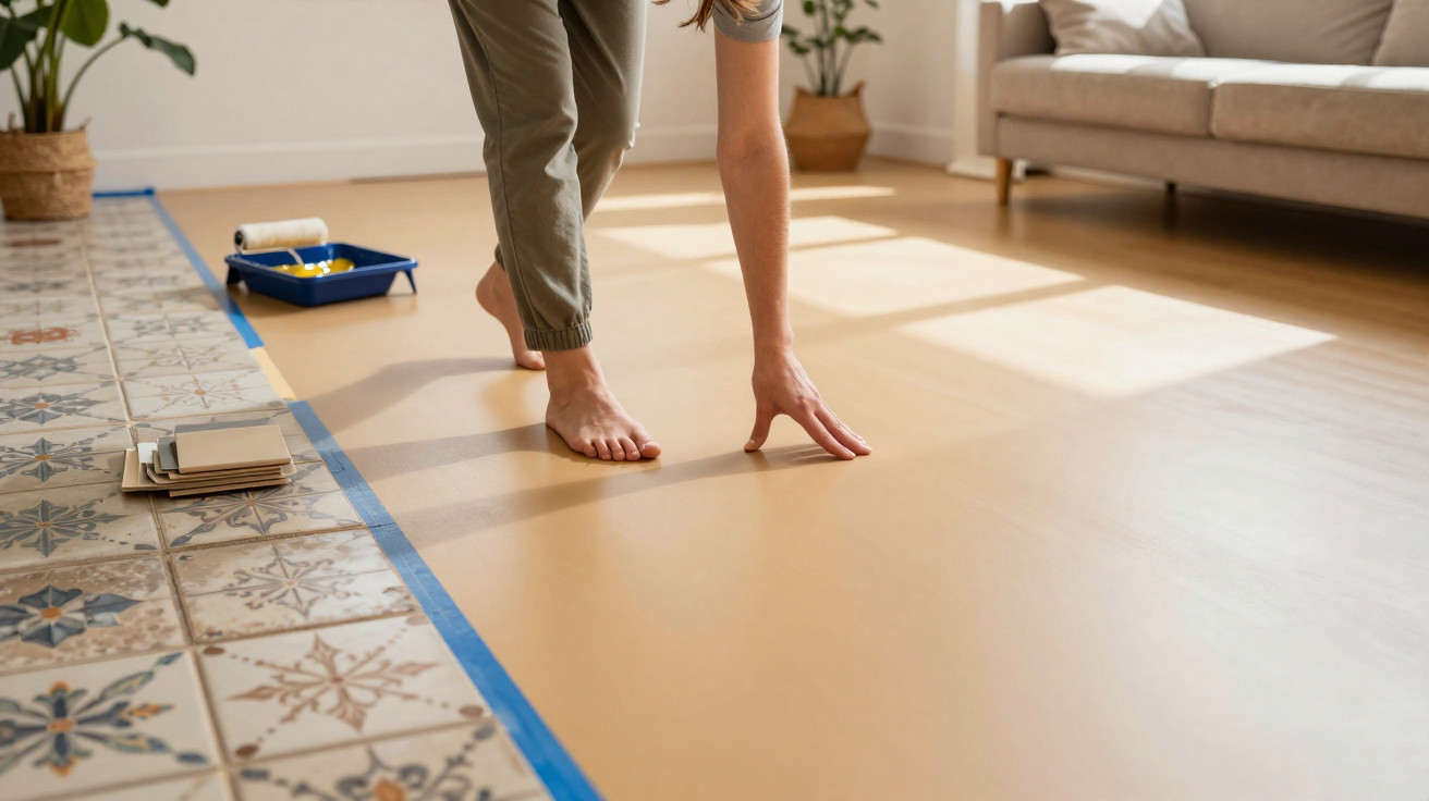 Person barefoot on floor preparing surface for painting next to patterned tiles in a sunlit living room.