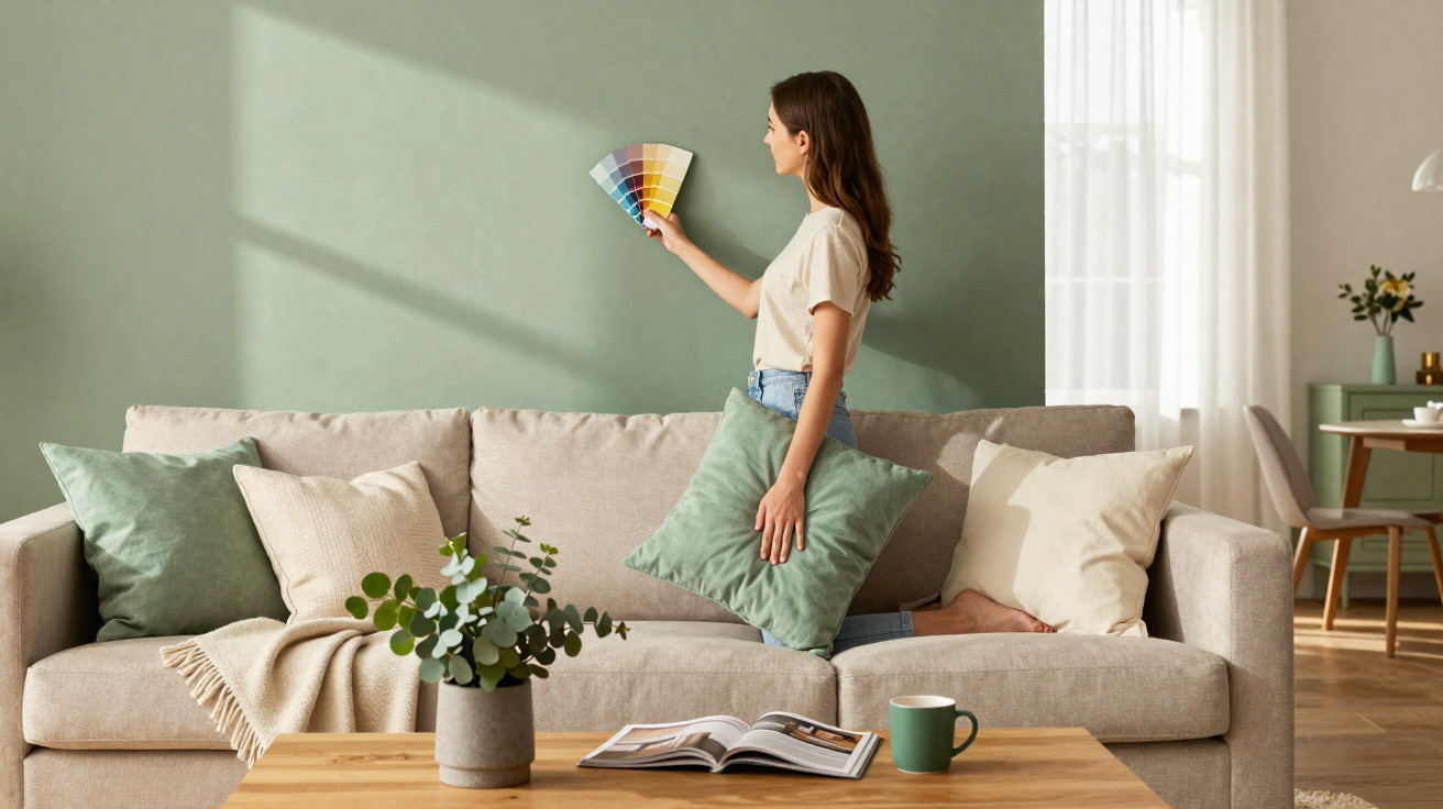 Woman holding a colour palette and green cushion, deciding on paint colour for a living room wall.