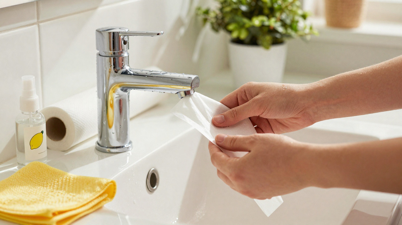 Person holding a clear plastic bag under a chrome bathroom tap with soap, paper towel, and yellow cloth nearby.