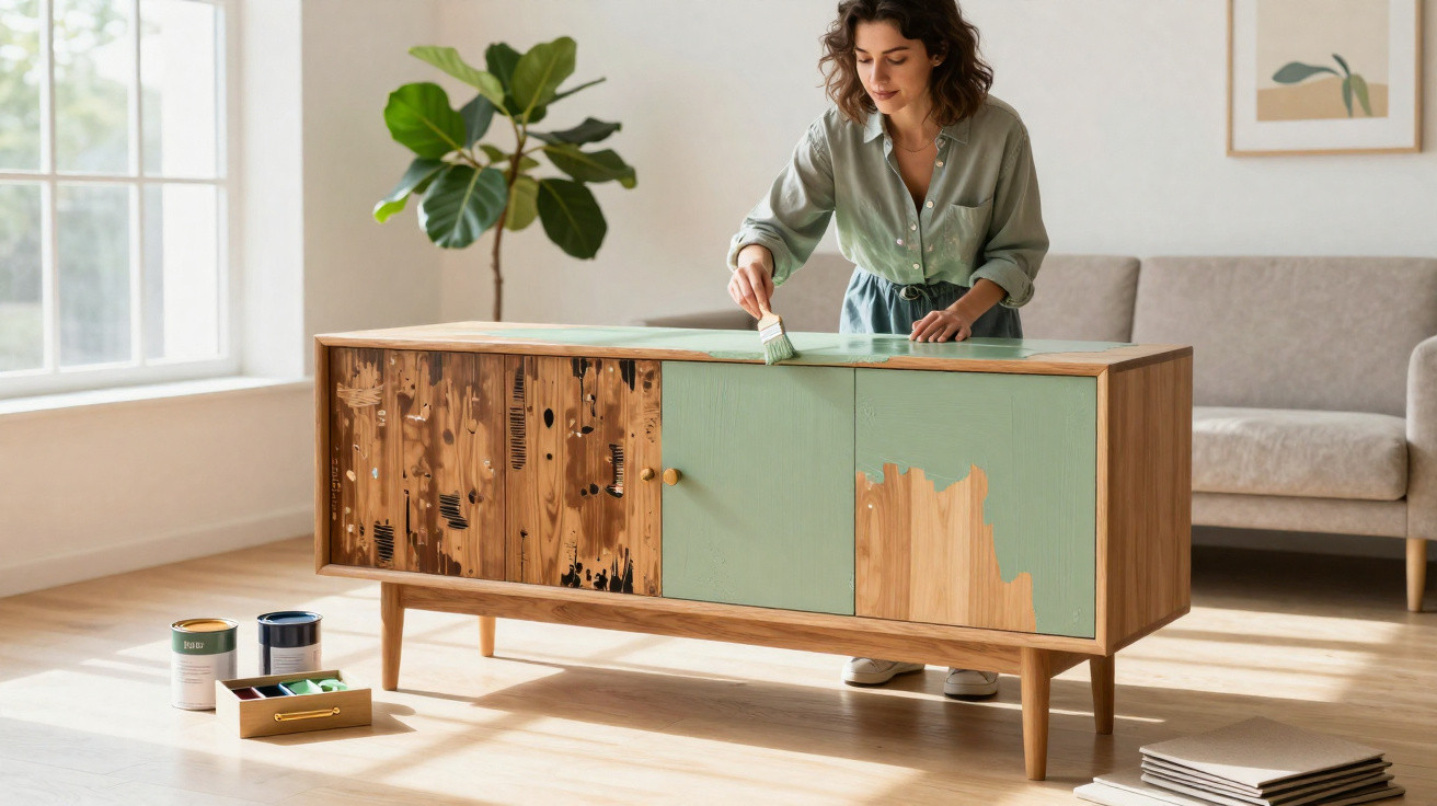 Woman painting a wooden sideboard green in a bright living room with paint cans and brushes nearby.