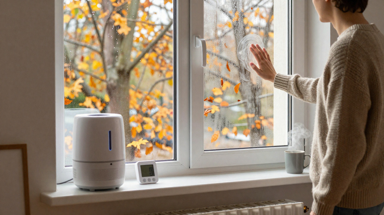 Person wiping condensation from a window with orange autumn leaves outside and a humidifier on the sill.