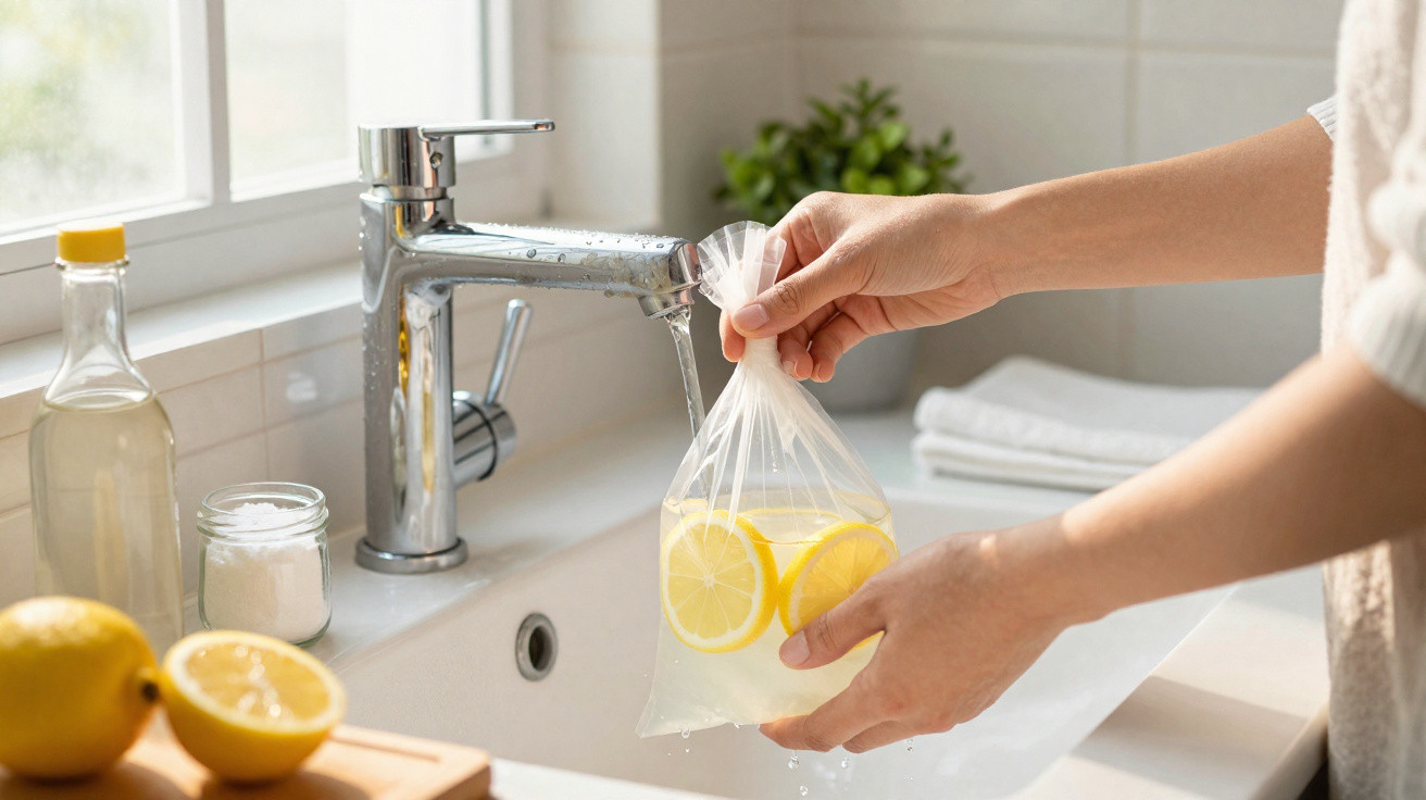 Person holding a plastic bag with lemon slices under a running kitchen tap filling it with water.