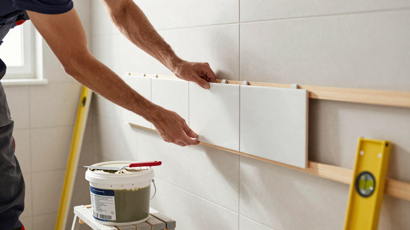 Person installing large white ceramic tiles on a bathroom wall using spacers and adhesive.