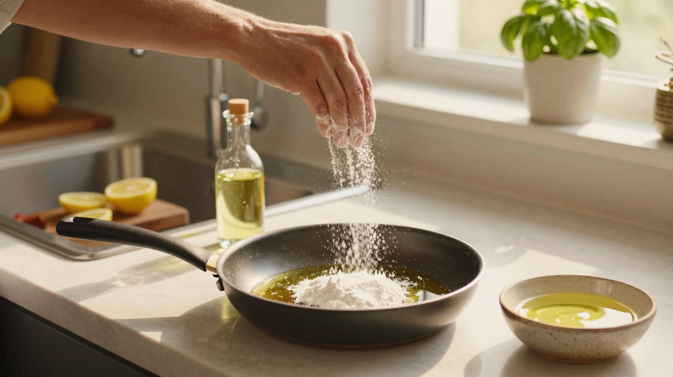 Hand sprinkling flour into a frying pan with oil on a kitchen countertop near a window and bowl.