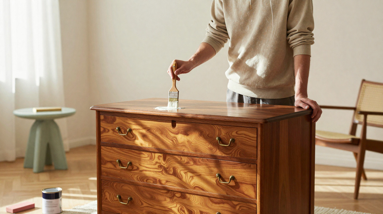 Person applying polish with a brush to a wooden chest of drawers in a sunlit room.