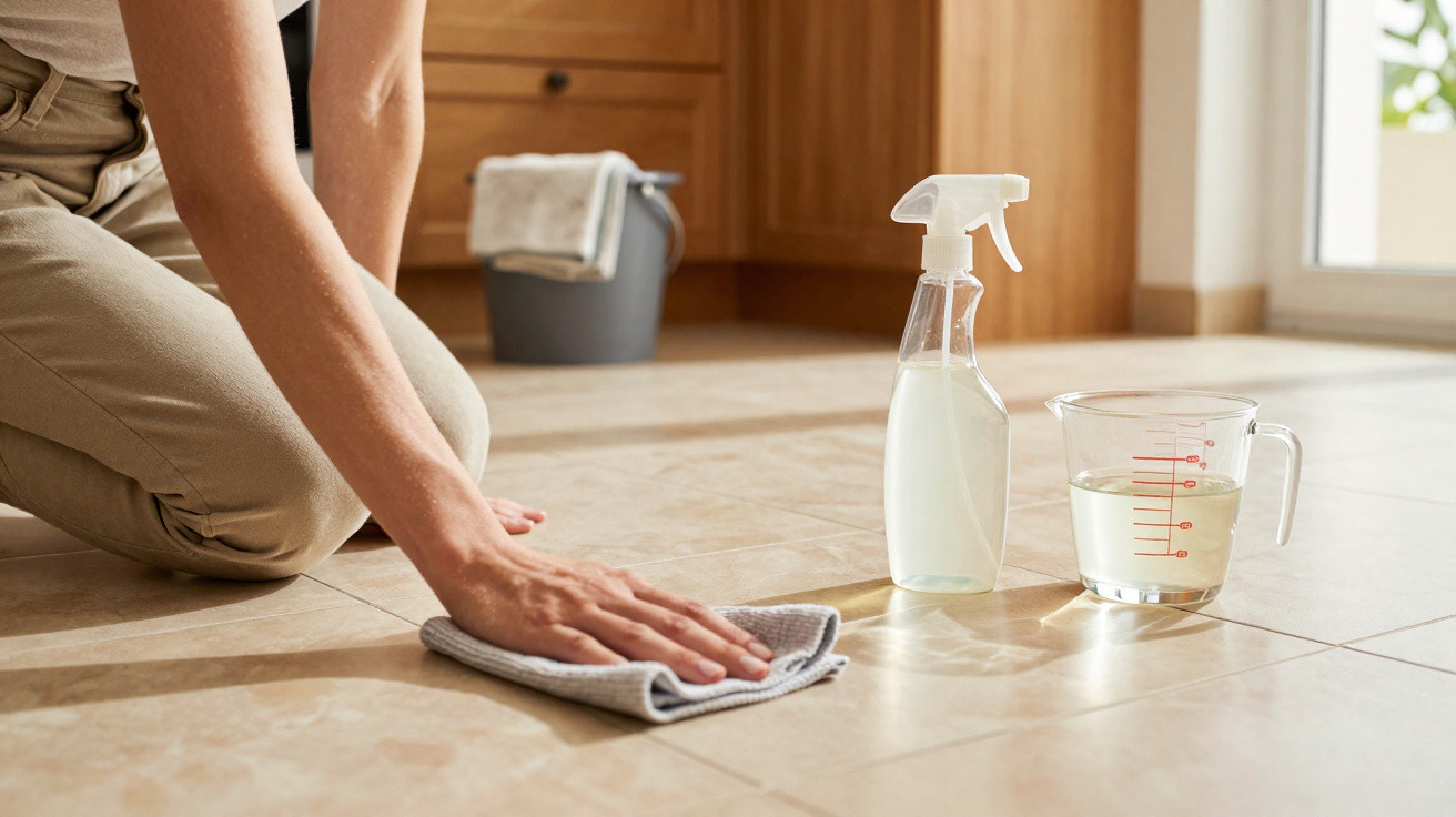 Person cleaning tiled floor with cloth, spray bottle, and measuring cup in bright kitchen setting.