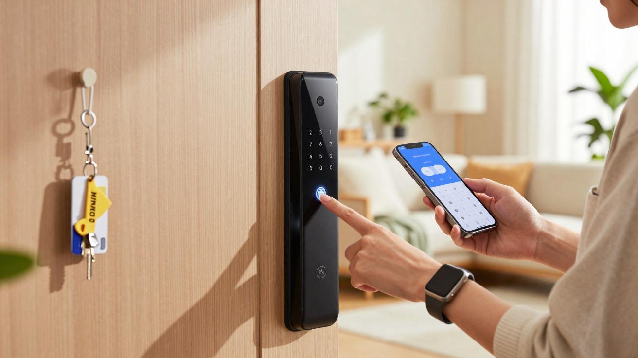 Person using a smartphone app to unlock a modern digital door lock on a wooden door indoors.