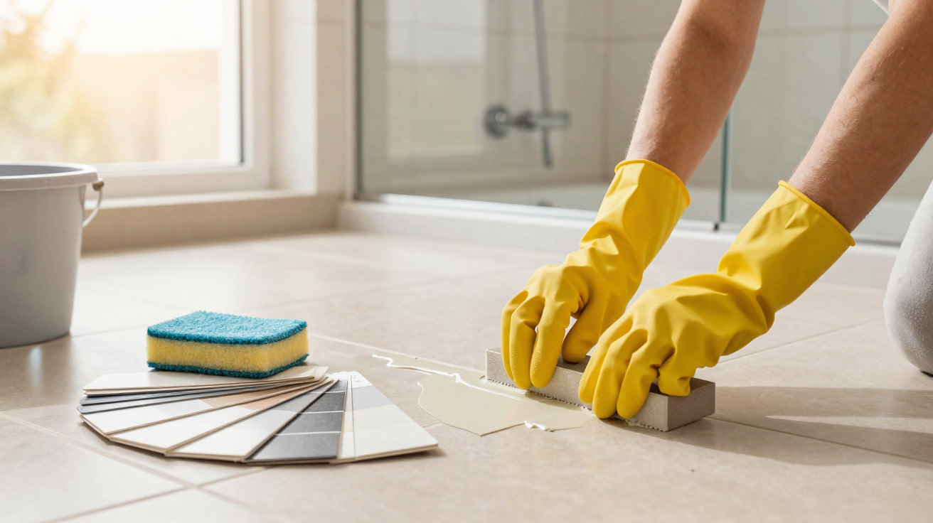 Person wearing yellow gloves using a grout float to spread grout on beige floor tiles with colour samples nearby.