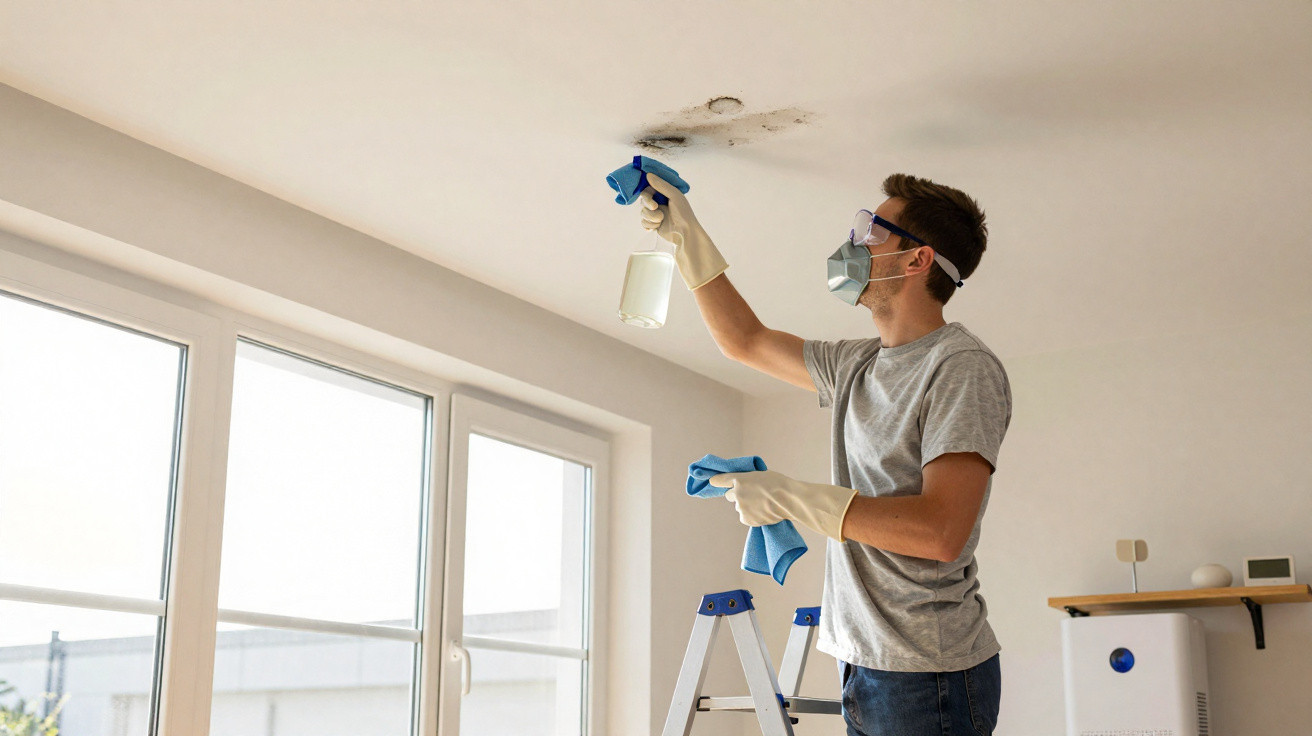 Man wearing gloves, mask and goggles cleaning mould on ceiling in daylight room with spray bottle and cloth.