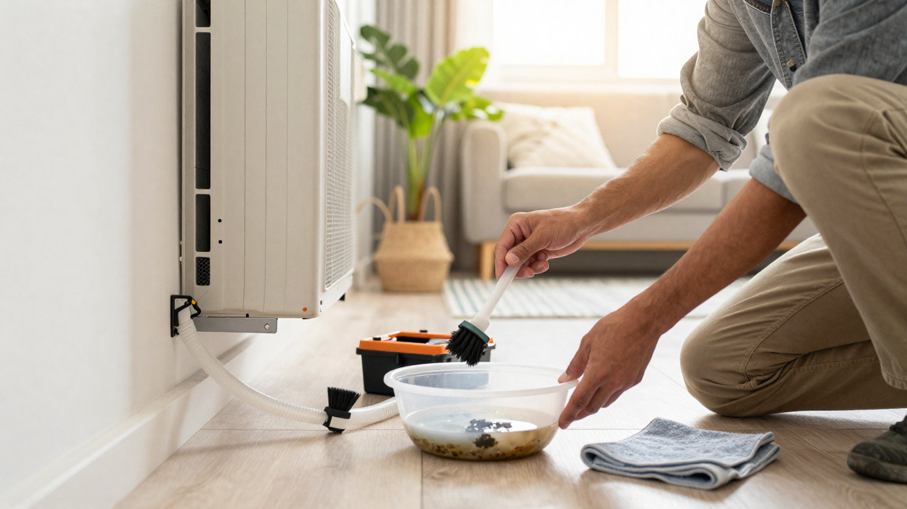 Person cleaning an air conditioner drain pipe with a brush and bowl of dirty water on a wooden floor