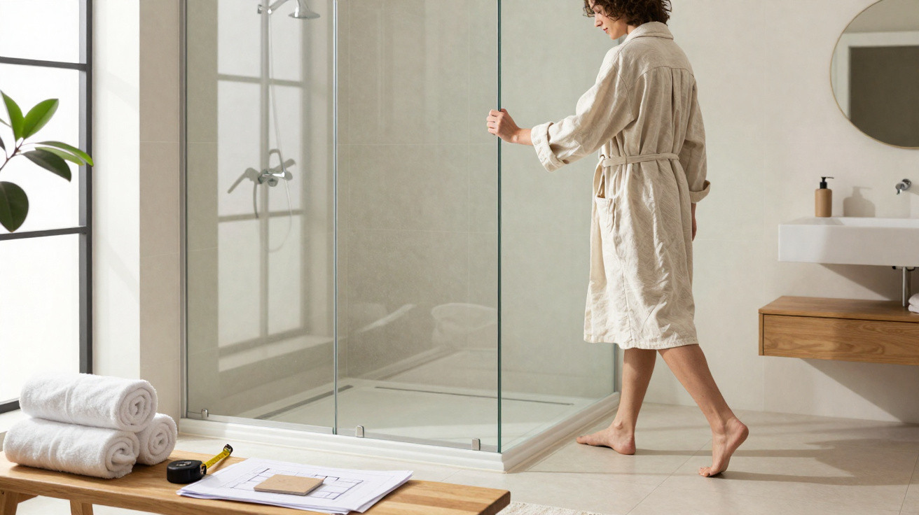 Person in bathrobe opening glass shower door in a modern bathroom with rolled towels and plans on wooden bench.