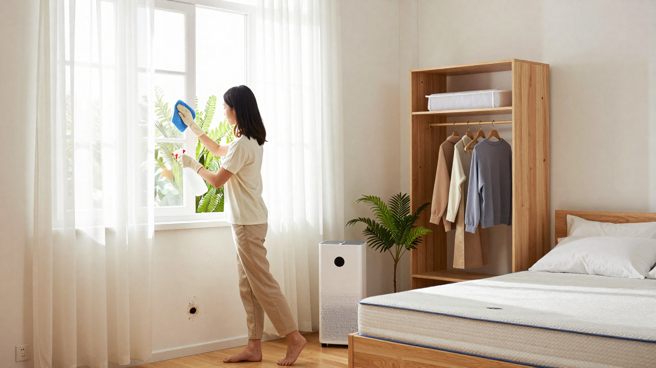 Woman cleaning a window in a tidy, minimal bedroom with wooden furniture and light curtains.