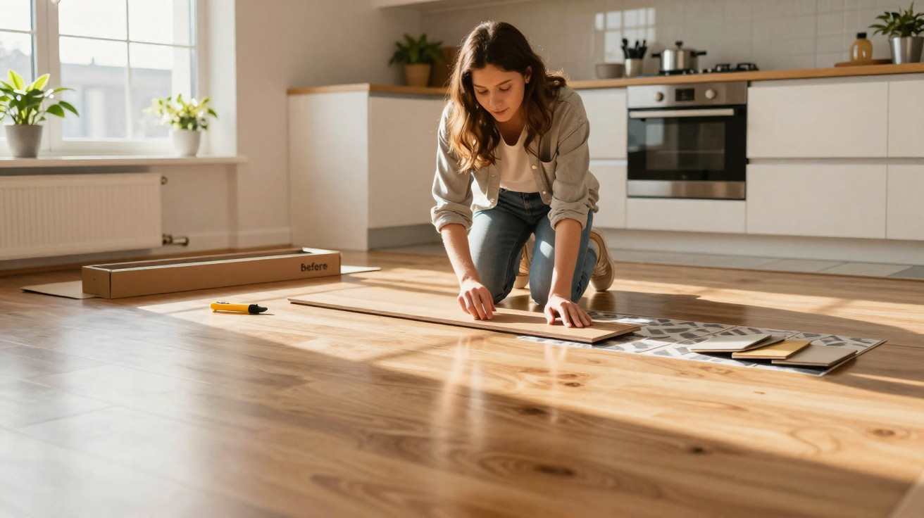 Woman kneeling on wooden floor assembling laminate flooring in a bright kitchen with large windows and plants.