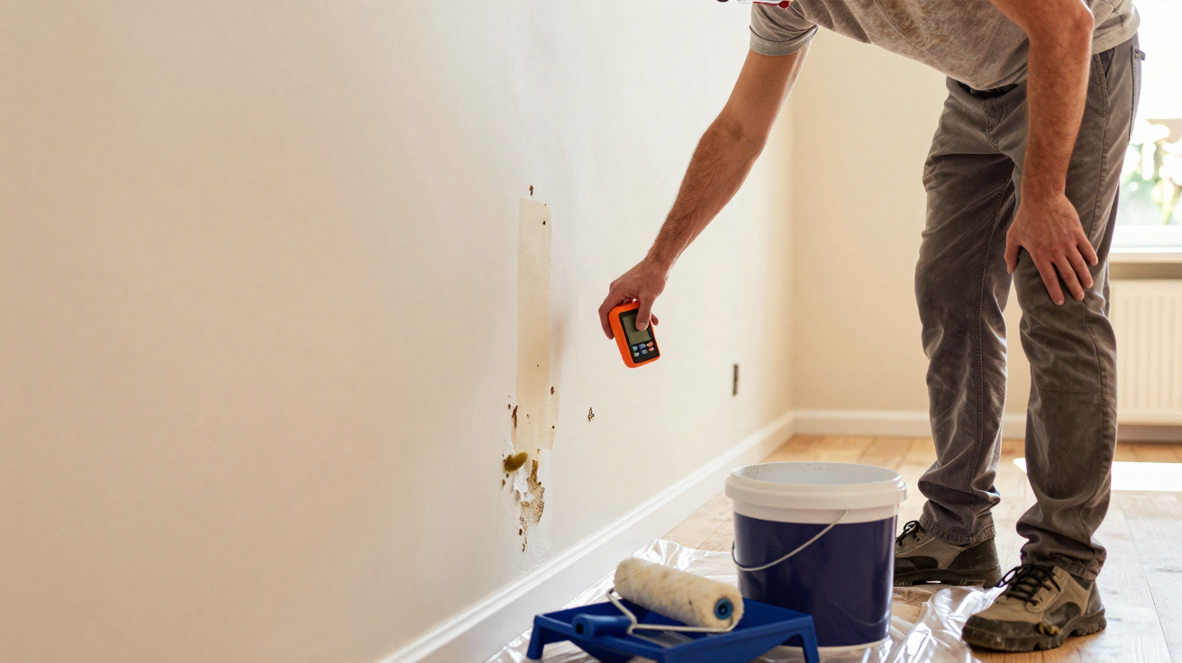 Person using a moisture meter on a damaged interior wall with paint roller and paint bucket nearby.