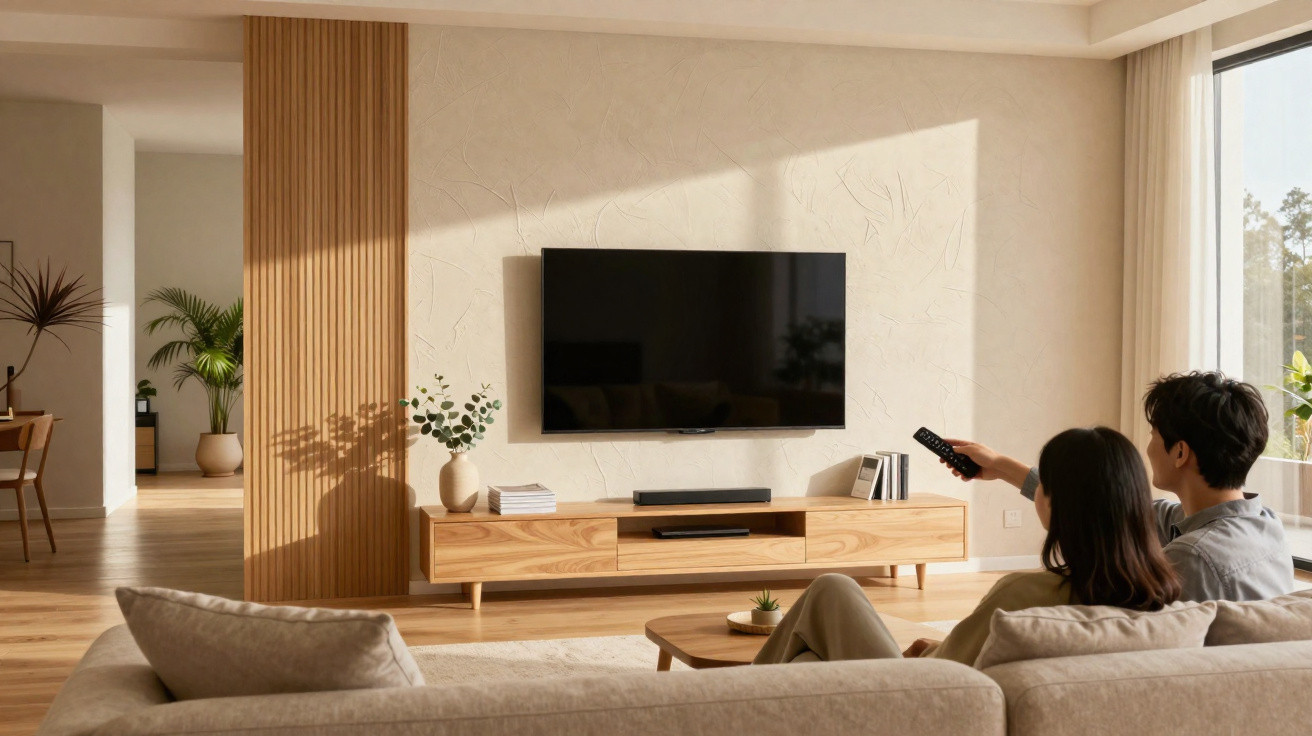 Couple sitting on sofa watching TV in a bright, modern living room with wooden furniture and plants.
