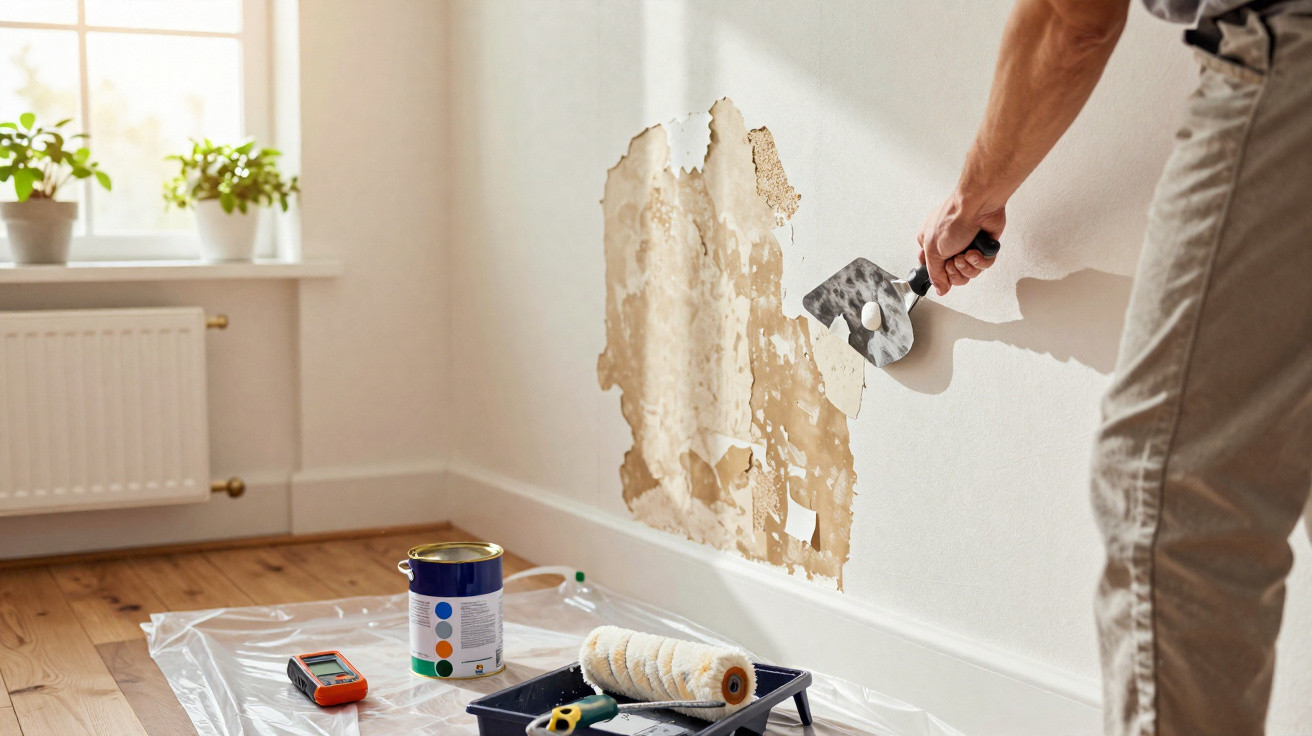 Person scraping peeled paint from a white wall in a bright room with painting tools on the floor.