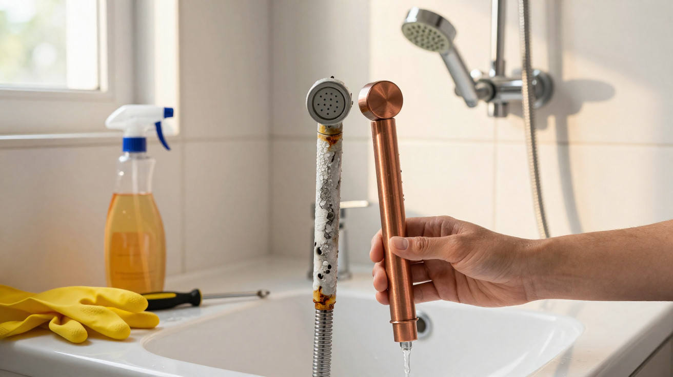 Hand holding a new copper showerhead next to an old limescale-covered showerhead in a bathroom sink.