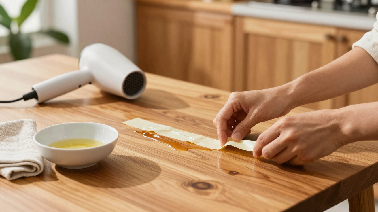 Hands folding waxing strips on a wooden table with a bowl and hairdryer in the background.