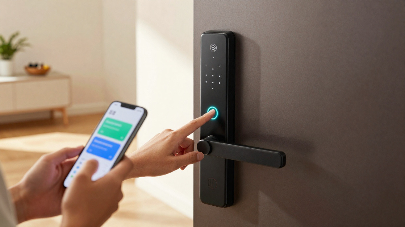 Person unlocking a smart door lock using a smartphone app and pressing the illuminated touchpad button.