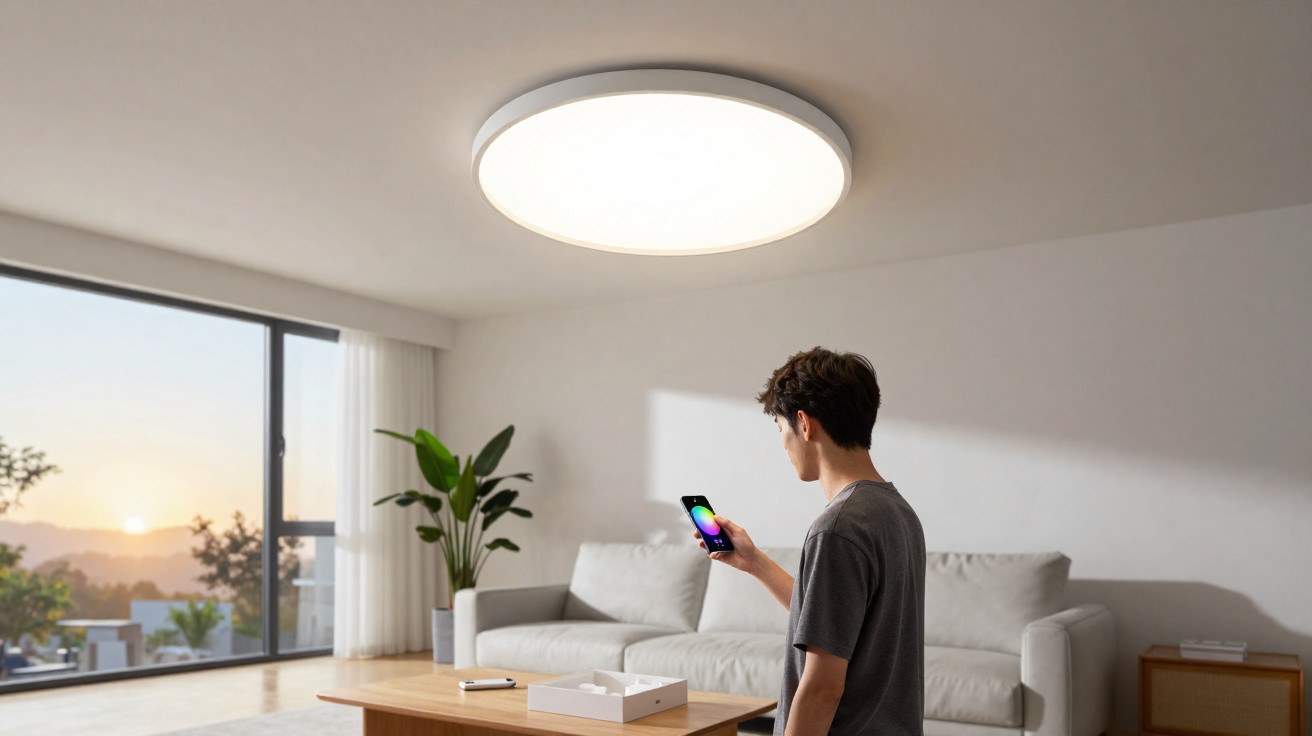 Young man adjusting a large ceiling light's colour using a smartphone in a minimalist living room at sunset.