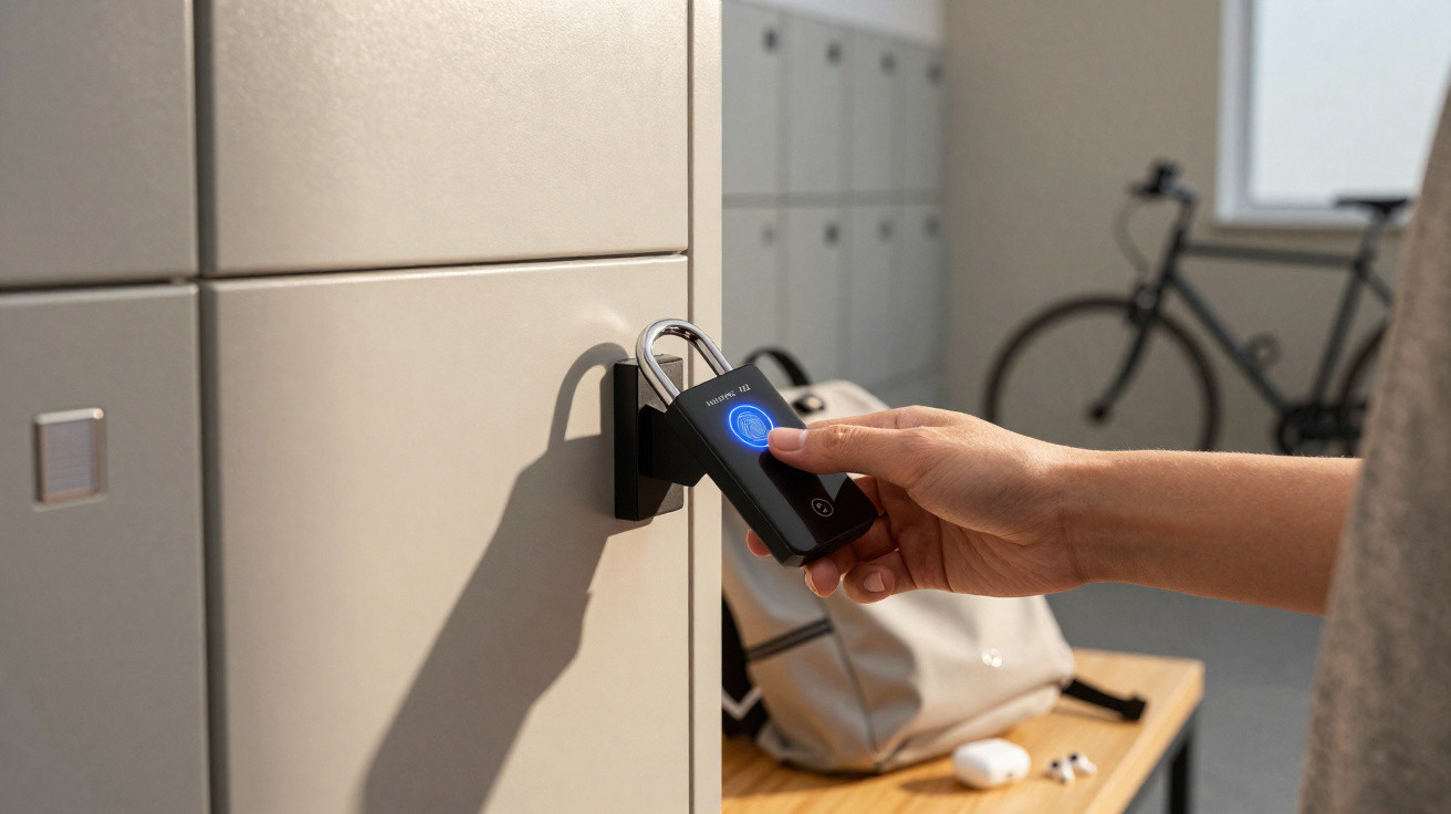 Person unlocking a beige locker with a black smart lock in a room with a bench, bag, and bicycle.